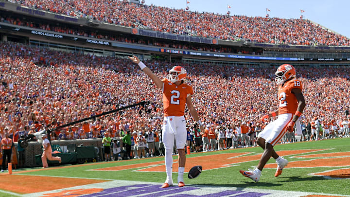 Clemson quarterback Cade Klubnik (2) waves to the crowd after running in for a touchdown against NC State at Memorial Stadium Saturday, Sep 21, 2024 in Clemson, South Carolina, USA. 58 sports feature