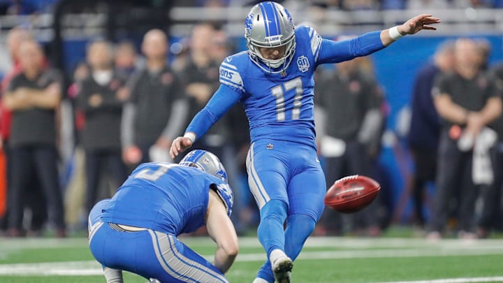 Jan 21, 2024; Detroit, Michigan, USA; Detroit Lions place kicker Michael Badgley (17) attempts a field goal against Tampa Bay Buccaneers during the first half in a 2024 NFC divisional round game