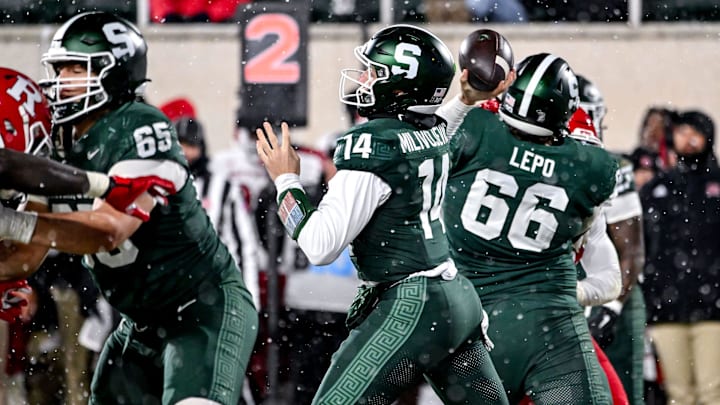 Michigan State's Alessio Milivojevic throws a pass against Rutgers during the fourth quarter on Saturday, Nov. 30, 2024, at Spartan Stadium in East Lansing.