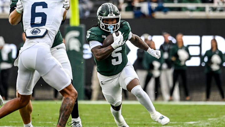 Michigan State's Makhi Frazier runs for a gain against Penn State during the first quarter on Saturday, Nov. 15, 2025, at Spartan Stadium in East Lansing.