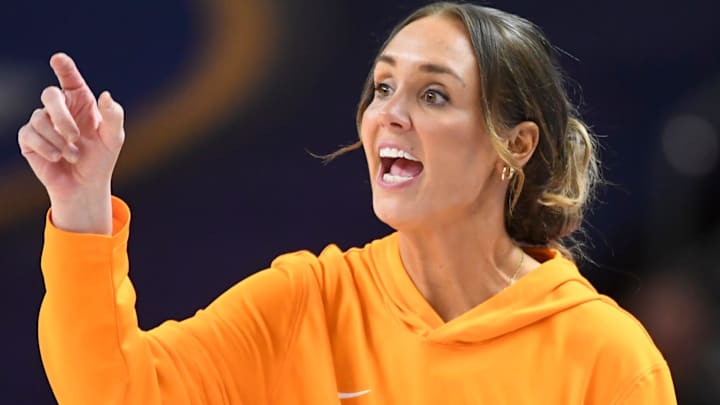 Tennessee Volunteers head coach Kim Caldwell yells down court Thursday, March 5, 2026, during the SEC Women's Basketball Tournament second round game against the Alabama Crimson Tide at Bon Secours Wellness Arena in Greenville, South Carolina. Tennessee Volunteers head coach Kim Caldwell yells down court Thursday, March 5, 2026, during the SEC Women's Basketball Tournament second round game against the Alabama Crimson Tide at Bon Secours Wellness Arena in Greenville, South Carolina.