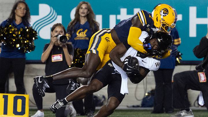 Oct 17, 2026; Berkeley, California, USA; California Golden Bears defensive back Daniel Harris (7) brings down Wake Forest Demon Deacons wide receiver Kam Shanks (5) after a long reception during the second quarter at California Memorial Stadium. Mandatory Credit: D. Ross Cameron-Imagn Images Oct 17, 2026; Berkeley, California, USA; California Golden Bears defensive back Daniel Harris (7) brings down Wake Forest Demon Deacons wide receiver Kam Shanks (5) after a long reception during the second quarter at California Memorial Stadium. Mandatory Credit: D. Ross Cameron-Imagn Images
