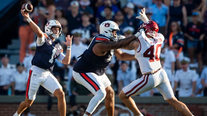 Auburn Tigers quarterback Payton Thorne (1) throws the ball as Auburn Tigers take on Arkansas Razorbacks at Jordan-Hare Stadium in Auburn, Ala., on Saturday, Sept. 21, 2024. Arkansas Razorbacks defeated Auburn Tigers 24-14.