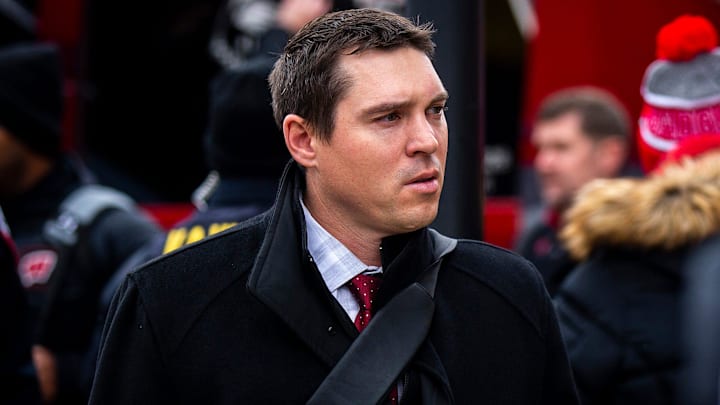 Wisconsin interim head coach Jim Leonhard arrives before a NCAA Big Ten Conference football game against Iowa, Saturday, Nov. 12, 2022, at Kinnick Stadium in Iowa City, Iowa.