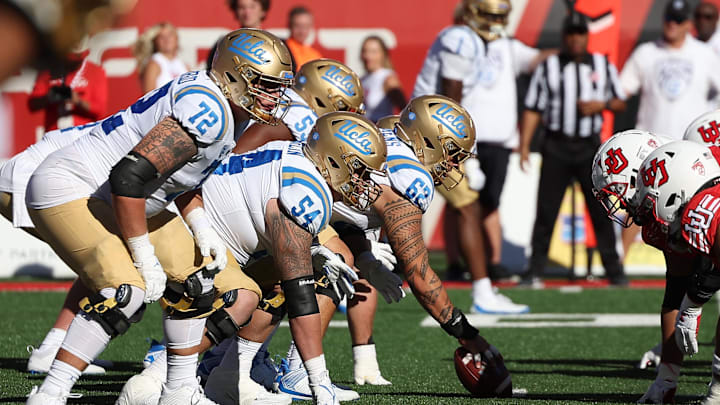 Sep 23, 2023; Salt Lake City, Utah, USA; UCLA Bruins offense lines up against the Utah Utes defense in the fourth quarter at Rice-Eccles Stadium. Mandatory Credit: Rob Gray-Imagn Images