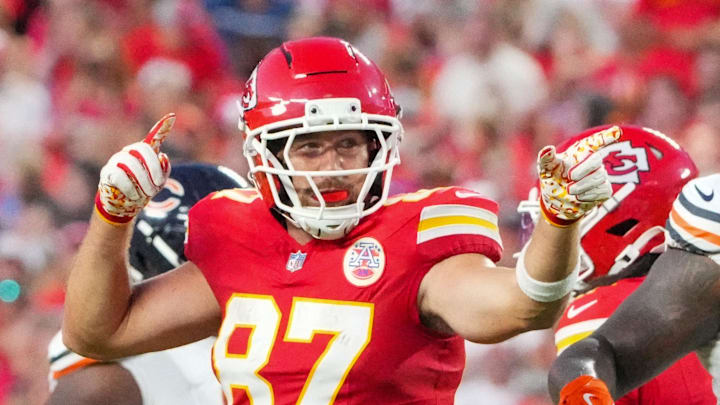 Aug 22, 2025; Kansas City, Missouri, USA; Kansas City Chiefs tight end Travis Kelce (87) celebrates after a catch and run against the Chicago Bears during the first half of the game at GEHA Field at Arrowhead Stadium. Mandatory Credit: Denny Medley-Imagn Images