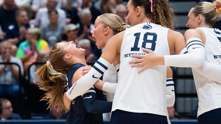 Penn State libero Gillian Grimes, left, celebrates a point with Emmi Sellman Penn State libero Gillian Grimes, left, celebrates a point with Emmi Sellman