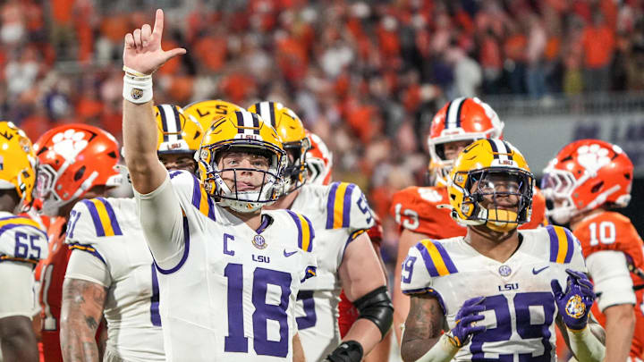 Louisiana State University quarterback Garrett Nussmeier (18) reacts after the last snap and play after LSU beat Clemson 17-10 at Memorial Stadium in Clemson, S.C. Saturday, August 30, 2025.