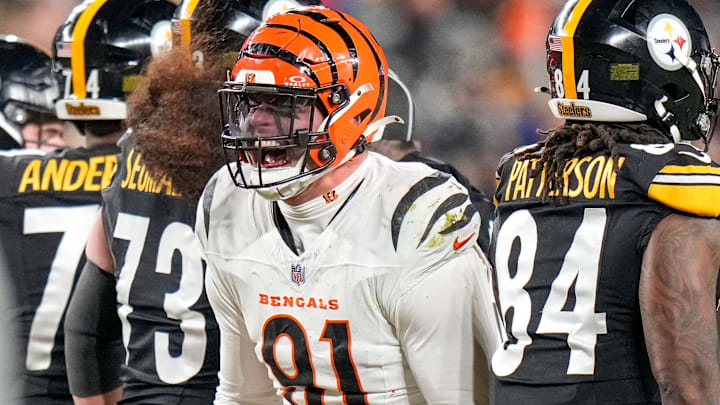 Cincinnati Bengals defensive end Trey Hendrickson (91) celebrates a stop in the fourth quarter of the NFL Week 18 game between the Pittsburgh Steelers and the Cincinnati Bengals at Acrisure Stadium in Pittsburgh on Saturday, Jan. 4, 2025. The Bengals won 19-17 to finish the regular season at 9-8.