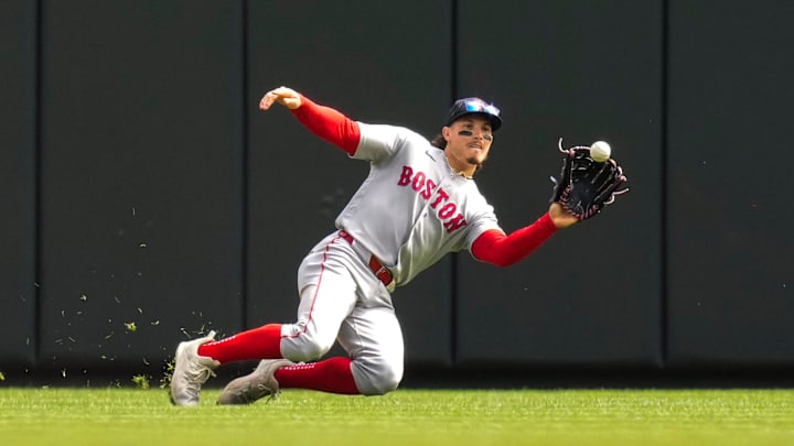 Boston Red Sox center fielder Jarren Duran (16) catches a line drive off the bat of Cincinnati Reds first baseman Spencer Steer (7) in the second inning of the MLB Interleague game between the Cincinnati Reds and the Boston Red Sox at Great American Ball Park in downtown Cincinnati on Sunday, March 29, 2026. The game was scoreless after three innings.