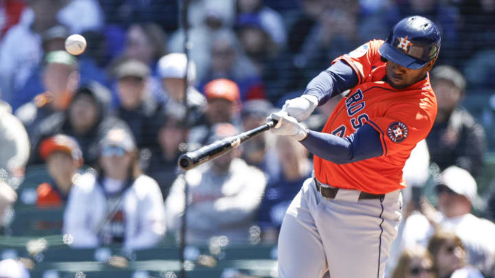 Apr 25, 2024; Chicago, Illinois, USA; Houston Astros outfielder Yordan Alvarez. Apr 25, 2024; Chicago, Illinois, USA; Houston Astros outfielder Yordan Alvarez.