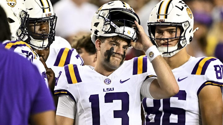 Oct 26, 2024; College Station, Texas, USA; LSU Tigers quarterback Garrett Nussmeier (13) gets ready to take the field in the first half against the Texas A&M Aggies at Kyle Field. Mandatory Credit: Maria Lysaker-Imagn Images. 