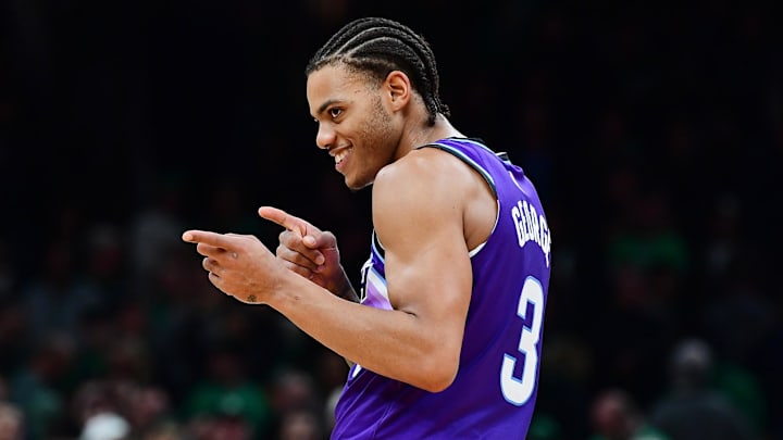 Nov 3, 2025; Boston, Massachusetts, USA; Utah Jazz guard Keyonte George (3) reacts during the second half against the Boston Celtics at TD Garden. Mandatory Credit: Bob DeChiara-Imagn Images
