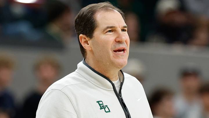 Jan 20, 2026; Waco, Texas, USA;  Baylor Bears head coach Scott Drew reacts on the sideline during the second half against the Texas Tech Red Raiders at Paul and Alejandra Foster Pavilion. Mandatory Credit: Chris Jones-Imagn Images