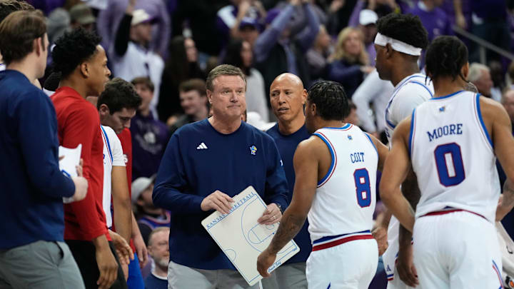 Jan 22, 2025; Fort Worth, Texas, USA; Kansas Jayhawks head coach Bill Self speaks to his team during a timeout against the TCU Horned Frogs during the first half at Ed and Rae Schollmaier Arena. Mandatory Credit: Chris Jones-Imagn Images Jan 22, 2025; Fort Worth, Texas, USA; Kansas Jayhawks head coach Bill Self speaks to his team during a timeout against the TCU Horned Frogs during the first half at Ed and Rae Schollmaier Arena. Mandatory Credit: Chris Jones-Imagn Images
