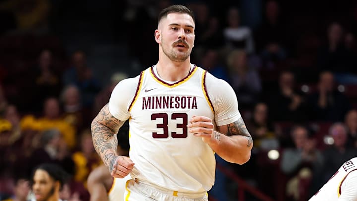 Nov 30, 2023; Minneapolis, Minnesota, USA; Minnesota Golden Gophers center Jack Wilson (33) looks on during the second half against the New Orleans Privateers at Williams Arena. Mandatory Credit: Matt Krohn-Imagn Images
