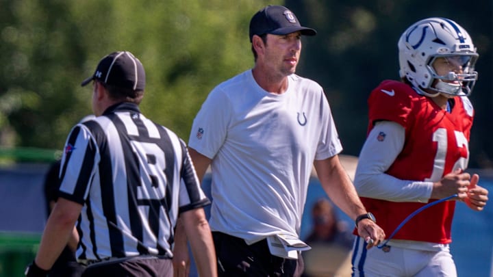 Indianapolis Colts’ head coach Shane Steichen keeps an eye on practice during Colts Camp at Grand Park Sports Campus, Tuesday, July 29, 2025 in Westfield.
