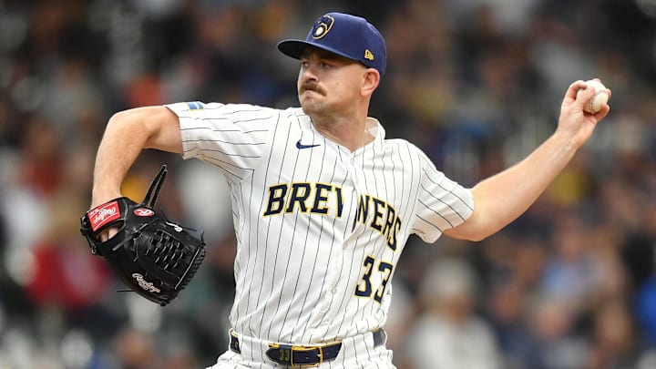 Milwaukee Brewers pitcher Tyler Alexander (33) throws against the Athletics at American Family Field. 