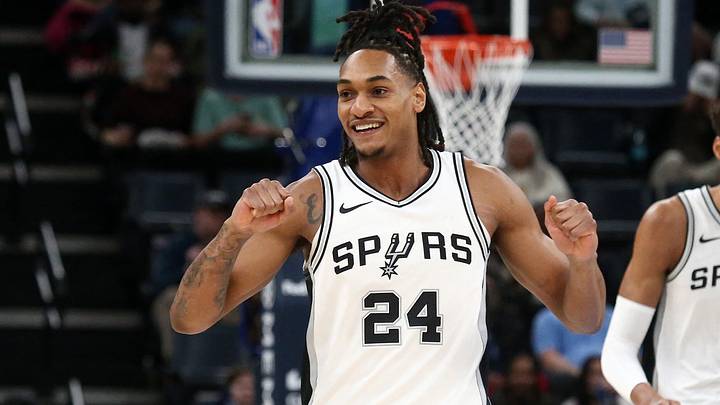 Feb 3, 2025; Memphis, Tennessee, USA; San Antonio Spurs guard Devin Vassell (24) reacts during the first quarter against the Memphis Grizzlies at FedExForum. Mandatory Credit: Petre Thomas-Imagn Images