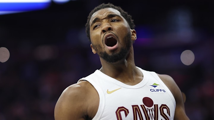 Jan 14, 2026; Philadelphia, Pennsylvania, USA; Cleveland Cavaliers guard Donovan Mitchell (45) reacts after a play against the Philadelphia 76ers during the third quarter at Xfinity Mobile Arena. Mandatory Credit: Bill Streicher-Imagn Images