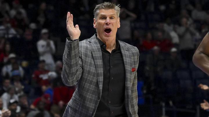 Mar 13, 2026; Nashville, TN, USA;  Oklahoma Sooners head coach Porter Moser reacts to a called foul against the Arkansas Razorbacks during the second half at Bridgestone Arena. Mandatory Credit: Steve Roberts-Imagn Imagesduring the first half 