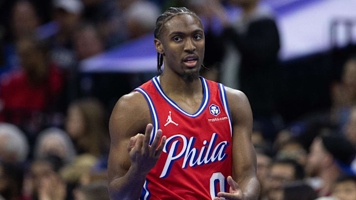 Nov 22, 2024; Philadelphia, Pennsylvania, USA; Philadelphia 76ers guard Tyrese Maxey (0) reacts to  his three pointer against the Brooklyn Nets during the first quarter at Wells Fargo Center. Mandatory Credit: Bill Streicher-Imagn Images