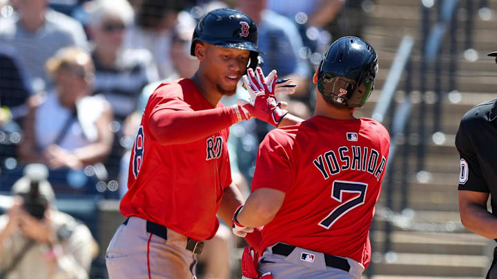 Mar 18, 2025; Tampa, Florida, USA; Boston Red Sox outfielder Masataka Yoshida (7) celebrates with second baseman Kristian Campbell (28) after hitting a two run home run against the New York Yankees in the sixth inning during spring training at George M. Steinbrenner Field. Mandatory Credit: Nathan Ray Seebeck-Imagn Images
