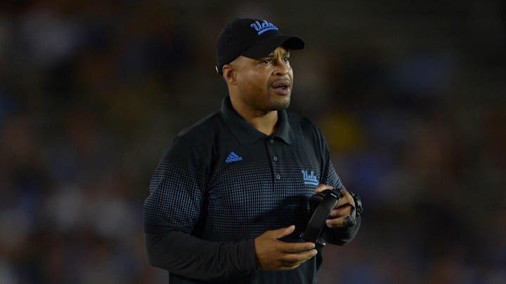 Aug 31, 2013; Pasadena, CA, USA; UCLA Bruins passing game coordinator coach Demetrice Martin during the game against the Nevada Wolf Pack at the Rose Bowl. UCLA defeated Nevada 58-20. Mandatory Credit: Kirby Lee-Imagn Images