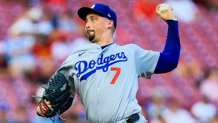 Sep 16, 2026; Cincinnati, Ohio, USA; Los Angeles Dodgers starting pitcher Blake Snell (7) pitches against the Cincinnati Reds in the first inning at Great American Ball Park. Mandatory Credit: Katie Stratman-Imagn Images