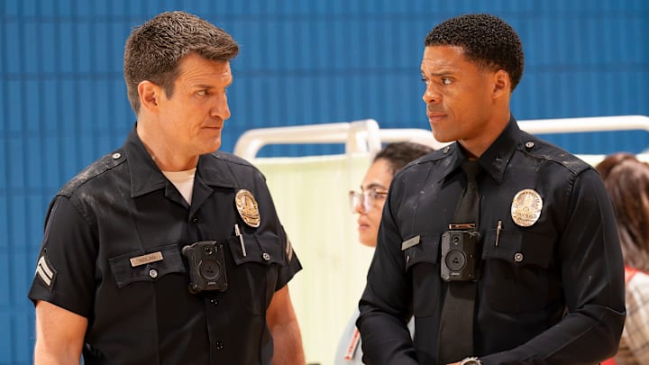 THE ROOKIE - ÒWildfireÓ - Nyla remains suspicious of Liam Glasser as a wildfire erupts, causing chaos in the city. Meanwhile, James tries to help a friend, and Seth makes a costly mistake, putting two of their own in danger. TUESDAY, FEB. 25 ( 9:00-10:00 p.m. EST) on ABC. (Disney/Mike Taing) 
NATHAN FILLION, DERIC AUGUSTINE