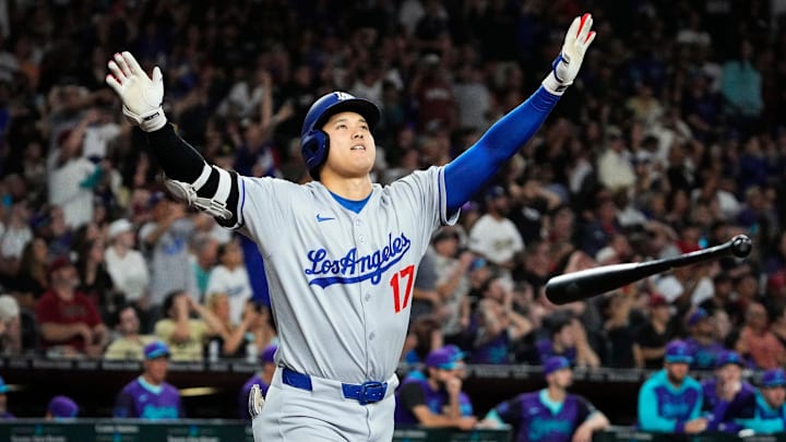Los Angeles Dodgers Shohei Ohtani tosses his bat after hitting a three run home run against the Arizona Diamondbacks in the ninth inning at Chase Field in Phoenix on May 9, 2025. Mandatory Credit: Rob Schumacher-Arizona Republic Los Angeles Dodgers Shohei Ohtani tosses his bat after hitting a three run home run against the Arizona Diamondbacks in the ninth inning at Chase Field in Phoenix on May 9, 2025. Mandatory Credit: Rob Schumacher-Arizona Republic
