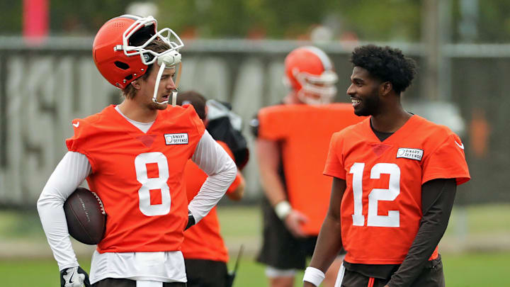 Cleveland Browns quarterback Kenny Pickett, left, chats with quarterback Shedeur Sanders (12) during an NFL practice at the Cleveland Browns training facility on Wednesday, May 28, 2025, in Berea, Ohio. Cleveland Browns quarterback Kenny Pickett, left, chats with quarterback Shedeur Sanders (12) during an NFL practice at the Cleveland Browns training facility on Wednesday, May 28, 2025, in Berea, Ohio.