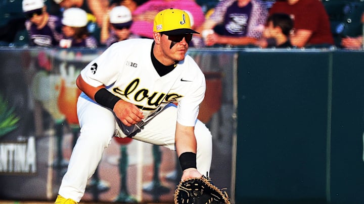 Andy Nelson (17) of Iowa plays first base as the Florida International University Panthers play the Iowa Hawks in a three-game series at Principal Park in Des Moines on Thursday, May 16, 2024.
