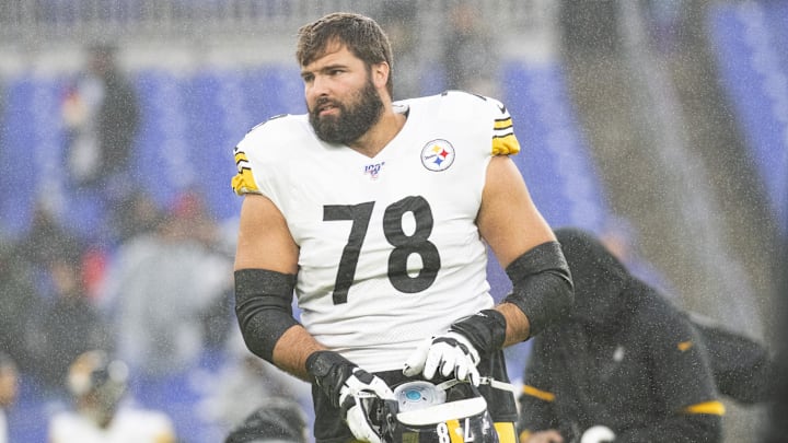Dec 29, 2019; Baltimore, Maryland, USA;  Pittsburgh Steelers offensive tackle Alejandro Villanueva (78) warms up before the game against the Baltimore Ravens at M&T Bank Stadium. Mandatory Credit: Tommy Gilligan-Imagn Images