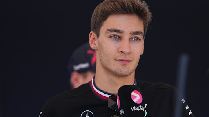 Mercedes driver George Russel speaks at a press conference during preparation day for F1 at Circuit