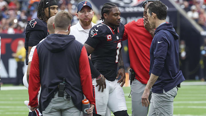 Houston Texans wide receiver Stefon Diggs (1) walks off the field after an apparent injury