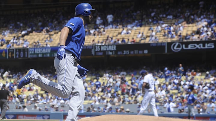 July 9, 2017; Los Angeles, CA, USA;  Kansas City Royals first baseman Eric Hosmer (35) rounds the bases after hitting a two run home run in the fourth inning against Los Angeles Dodgers starting pitcher Clayton Kershaw (22) at Dodger Stadium. Mandatory Credit: Gary A. Vasquez-Imagn Images