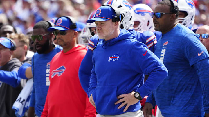 Sep 8, 2024; Orchard Park, New York, USA; Buffalo Bills head coach Sean McDermott on the sideline during the first half against the Arizona Cardinals at Highmark Stadium. Sep 8, 2024; Orchard Park, New York, USA; Buffalo Bills head coach Sean McDermott on the sideline during the first half against the Arizona Cardinals at Highmark Stadium.