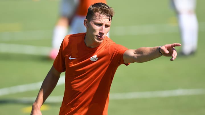 Clemson University forward Alex Meinhard (15) communicates at a practice at the soccer practice facility in Clemson, S.C. Tuesday, August 20, 2024.