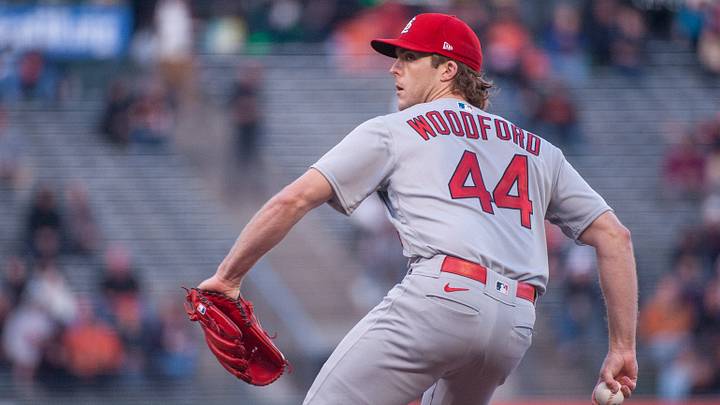Apr 25, 2023; San Francisco, California, USA; St. Louis Cardinals starting pitcher Jake Woodford (44) throws a pitch against the San Francisco Giants during the first inning at Oracle Park. Mandatory Credit: Ed Szczepanski-USA TODAY Sports Apr 25, 2023; San Francisco, California, USA; St. Louis Cardinals starting pitcher Jake Woodford (44) throws a pitch against the San Francisco Giants during the first inning at Oracle Park. Mandatory Credit: Ed Szczepanski-USA TODAY Sports