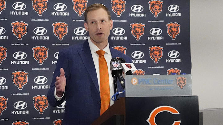 Jan 22, 2025; Lake Forest, IL, USA; Chicago Bears head coach Ben Johnson answers questions during a introductory press conference at PNC Center. Mandatory Credit: David Banks-Imagn Images