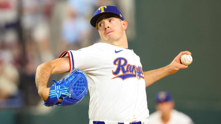 Mar 30, 2024; Arlington, Texas, USA;  Texas Rangers starting pitcher Cody Bradford (61) throws during the game against the Chicago Cubs at Globe Life Field. Mandatory Credit: Kevin Jairaj-USA TODAY Sports