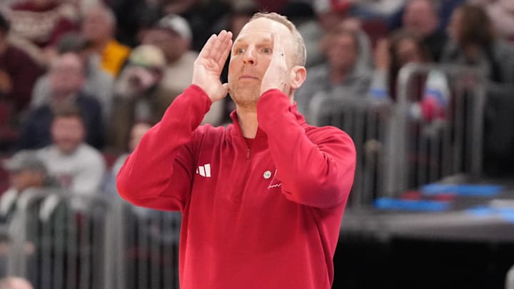 Mar 11, 2026; Chicago, IL, USA; Indiana Hoosiers head coach Darian Devries yells instructions to his team against the Northwestern Wildcats during the second half at United Center. Mandatory Credit: David Banks-Imagn Images