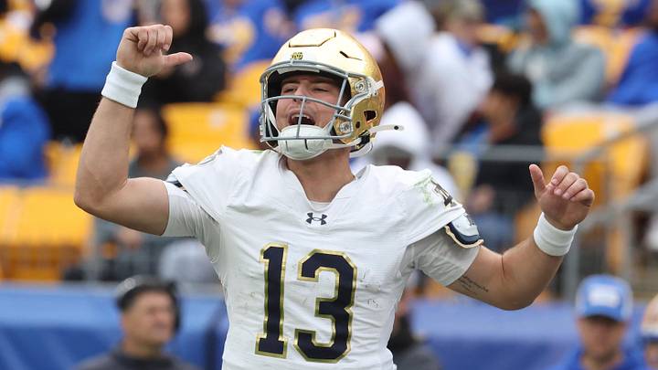 Nov 15, 2025; Pittsburgh, Pennsylvania, USA;  Notre Dame Fighting Irish quarterback CJ Carr (13) calls an audible at the line of scrimmage against the Pittsburgh Panthers during the fourth quarter at Acrisure Stadium. 