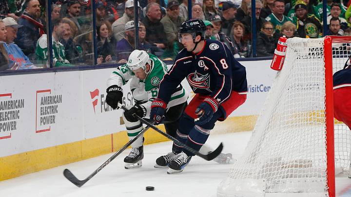 Feb 25, 2025; Columbus, Ohio, USA; Columbus Blue Jackets defenseman Zach Werenski (8) takes the puck off the stick of Dallas Stars right wing Evgenii Dadonov (63) during the first period at Nationwide Arena. Mandatory Credit: Russell LaBounty-Imagn Images Feb 25, 2025; Columbus, Ohio, USA; Columbus Blue Jackets defenseman Zach Werenski (8) takes the puck off the stick of Dallas Stars right wing Evgenii Dadonov (63) during the first period at Nationwide Arena. Mandatory Credit: Russell LaBounty-Imagn Images