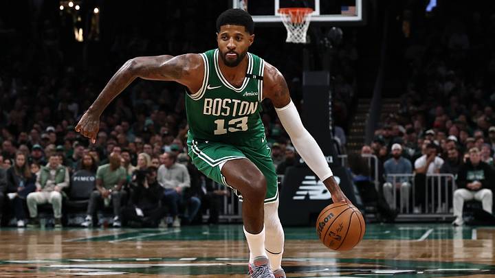 Oct 26, 2026; Boston, Massachusetts, USA; Boston Celtics forward Paul George (13) drives against the Chicago Bulls during the second half at TD Garden. Mandatory Credit: Winslow Townson-Imagn Images