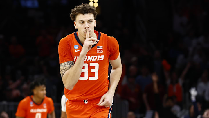 Mar 28, 2024; Boston, MA, USA; Illinois Fighting Illini forward Coleman Hawkins (33) reacts against the Iowa State Cyclones in the semifinals of the East Regional of the 2024 NCAA Tournament at TD Garden. Mandatory Credit: Winslow Townson-Imagn Images Mar 28, 2024; Boston, MA, USA; Illinois Fighting Illini forward Coleman Hawkins (33) reacts against the Iowa State Cyclones in the semifinals of the East Regional of the 2024 NCAA Tournament at TD Garden. Mandatory Credit: Winslow Townson-Imagn Images