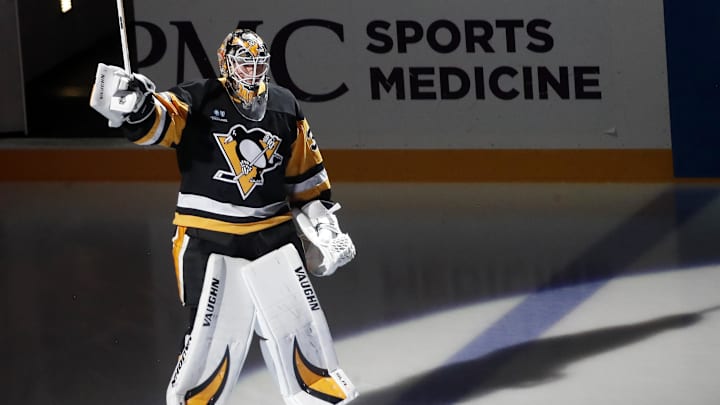 Oct 9, 2024; Pittsburgh, Pennsylvania, USA;  Pittsburgh Penguins goaltender Tristan Jarry (35) during player introductions against the New York Rangers during the first period at PPG Paints Arena. Mandatory Credit: Charles LeClaire-Imagn Images