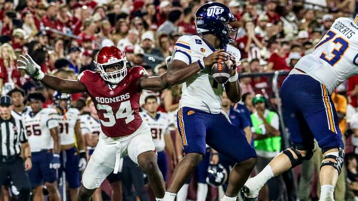 Oklahoma defensive end Adepoju Adebawore pressures UTEP quarterback EJ Colson. Oklahoma defensive end Adepoju Adebawore pressures UTEP quarterback EJ Colson.