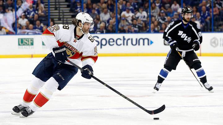 Florida Panthers Jaromir Jagr (68) skates with the puck against the Tampa Bay Lightning during the third period at Amalie Arena. Tampa Bay Lightning defeated the Florida Panthers 3-2. Mandatory Credit: Kim Klement-USA TODAY Sports Florida Panthers Jaromir Jagr (68) skates with the puck against the Tampa Bay Lightning during the third period at Amalie Arena. Tampa Bay Lightning defeated the Florida Panthers 3-2. Mandatory Credit: Kim Klement-USA TODAY Sports